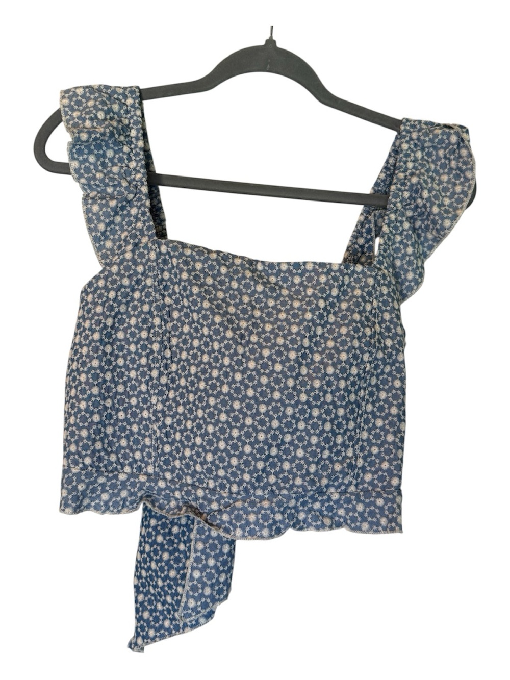 Blue Floral Square-Neck Crop Top with Ruffle Straps